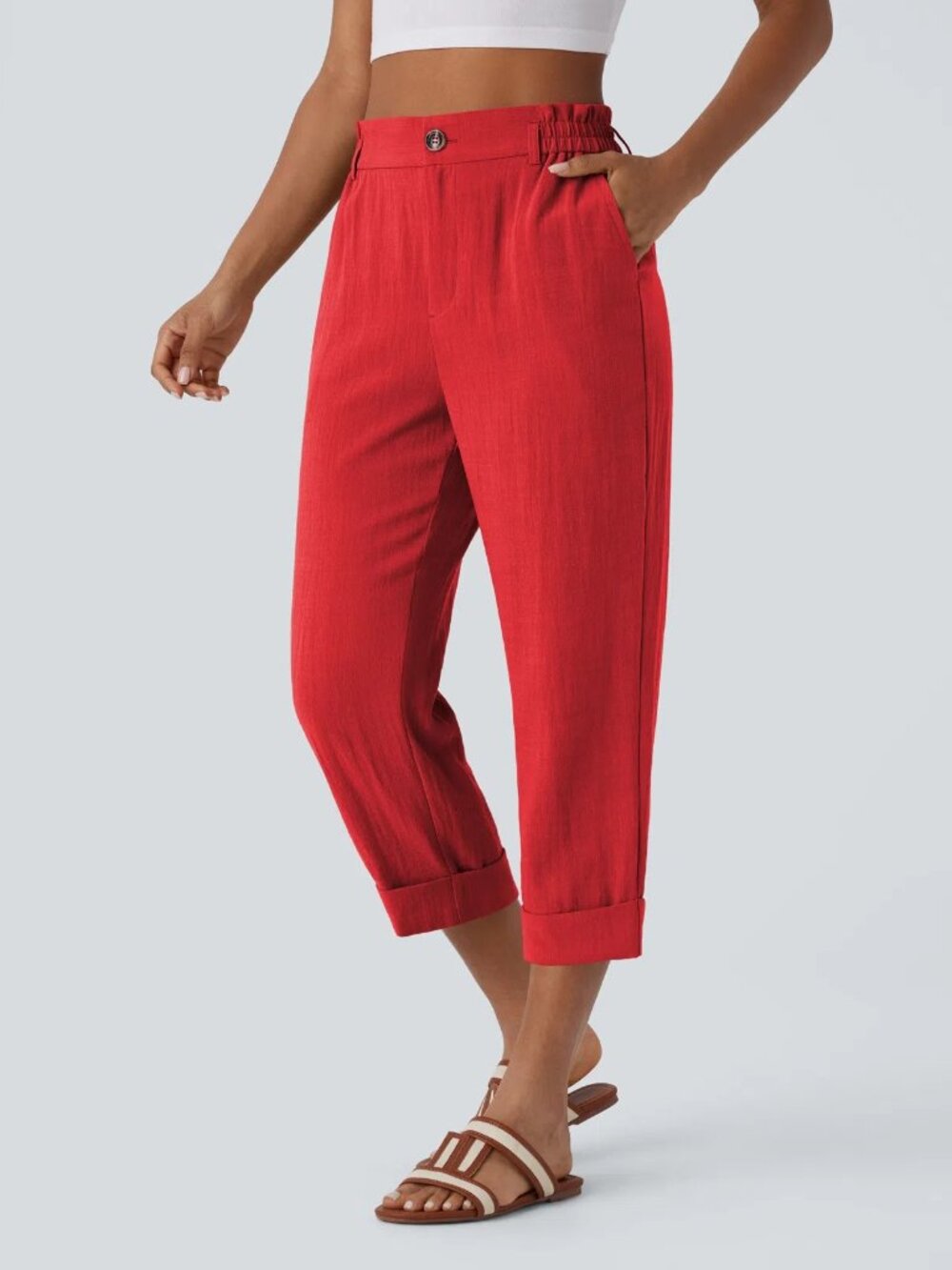 Halara MEDIUM High Waisted Zipper Pocket Cropped Linen-Feel Pants 50% off Retail